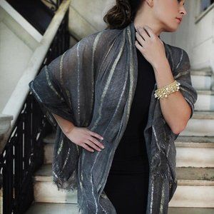 SAACHI Artist Handcrafted Dark Grey Sparkle SCARF Metallic Gold, Silver Stripes